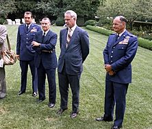 Secretary of Defense James Schlesinger with Chairman of The Joint Chiefs of Staff General George S. Brown and Deputy Secretary of Defense James R. Schlesinger and Air Force Chief of Staff General David C. Jones