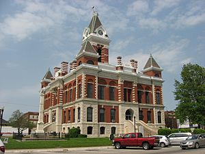 Southern and western sides of Princeton's best-known landmark, the 1884 Gibson County Courthouse