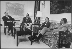 President Nixon conferring with Attorney-General Mitchell, FBI Director J. Edgar Hoover and John D. Ehrlichman` - NARA - 194722
