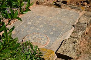 Roman mosaic in one of the workshops in the artisan quarter, Sala Colonia, Morocco (32813859922)