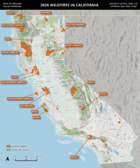 A map of wildfires in California in 2020, using Cal Fire data