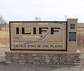 Iliff, Colorado sign at the west end of town.