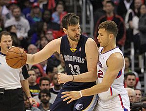 Marc Gasol backs in to Blake Griffin 20131118 Clippers v Grizzles (cropped)