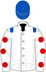 White, royal blue epaulets, white sleeves, red spots, royal blue cap