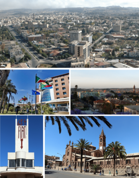 Clockwise from top:Cityscape, Sunset view over Asmara, Church of Our Lady of the Rosary, Fiat Tagliero Building sign, 23d ISCOE East Africa conference in Asmara 2019