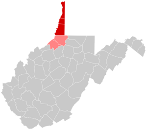 Map of counties in the northern panhandle. Red denotes counties physically part of the region, while light red denotes counties considered to belong to the region culturally, but not physically.