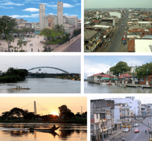 From top, left to right: Our Lady of Mercy Cathedral next to the Central Park May 24, view of the southwest of the city, Catarama River Bridge, October 9 Boardwalk, Babahoyo River and García Moreno Street.