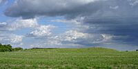 Grans Barrow on Toyd Down, Hampshire, U.K. The long barrow mound is 60 metres long, 20 metres wide and over 2 metres high.