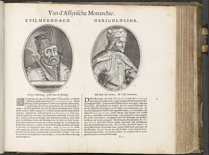 Portretten van de koningen Evil-Merodach en Neriglissar Van d'Assyrische monarchie (titel op object) Den Grooten Emblemata Sacra, bestaande in meer dan vier hondert bybelsche figuren, zoo des Ouden als des Nieuwen Test, RP-P-2015-10-136