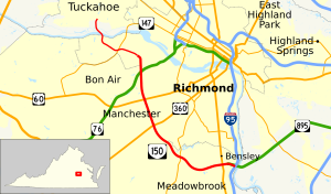 Bon Air is located directly west of Downtown Richmond outside the city limits defined by the Chippenham Parkway on the south side of the James River.