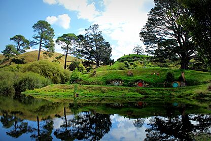 Hobbit holes reflected in water