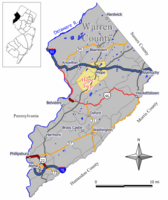 Map of Hope Township in Warren County. Inset: Location of Warren County highlighted in the State of New Jersey.