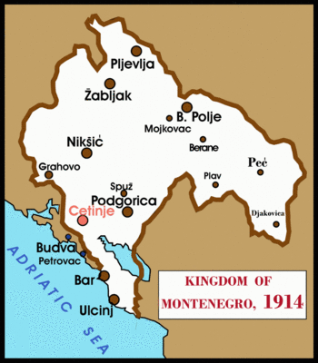 Kingdom of Montenegro in 1914 zoomed in the map with some cities