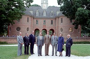 Photograph of the G-7 Economic Summit in Williamsburg, Virginia (left to right) Pierre Trudeau, Gaston Thorn, Helmut... - NARA - 198538