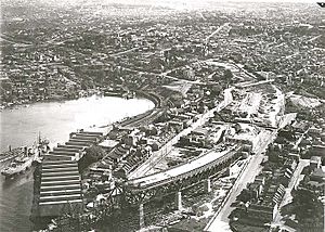 Sydney Harbour Bridge under construction North Shore aerial