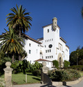 Photograph of the gardens and Spanish colonial façade of the Santa Barbara County Courthouse