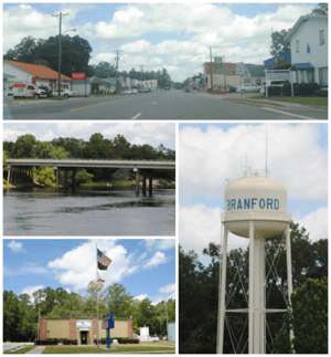 Top, left to right: Downtown Branford, Suwannee River, Branford Town Hall, Branford Water Tower