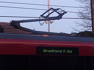 Pantograph on the Bradford Forster Square train at Menston railway station (30th December 2014)