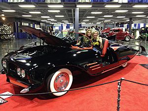 1963 Batmobile at exhibited at Sacramento Autorama Feb 2014 shortly after restoration completed original builders daughters Karen and Darlene Robinson in Batmobile