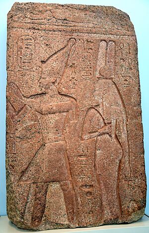 Egyptian king Osorkon II and queen Karomama I. Temple relief. Red granite, painted. From a gateway in the temple at Bubastis, Egypt. 22nd Dynasty, c. 850 BCE. British Museum