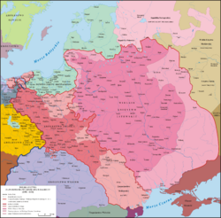 Map of the Grand Duchy of Lithuania (pink) and the Crown of the Kingdom of Poland (red) in 1386 - 1434