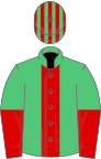 Emerald green, red stripe, halved sleeves, emerald green and red striped cap