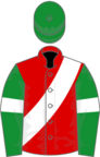 Red, white sash, green sleeves, white armlets, green cap