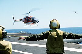 TH-57A of HT-8 landing on USS Lexington (AVT-16) 1985