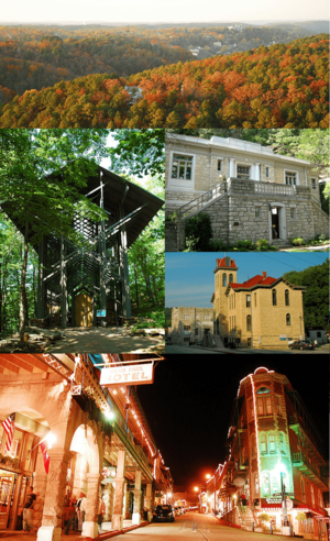 Clockwise, from top: aerial view of Eureka Springs, Eureka Springs Public Library, Carroll County Courthouse, Commercial Historic District at night, Thorncrown Chapel