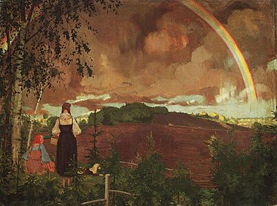 Konstantin Somov - landscape-with-two-peasant-girls-and-a-rainbow