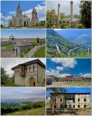 Landmarks of Shusha, from top left:Ghazanchetsots Cathedral • Yukhari Govhar Agha MosqueShusha fortress • Shusha mountainsHouse of Mehmandarovs • City centerShusha skyline • House of Khurshidbanu Natavan