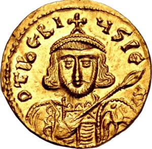 An golden coin depicting Tiberius III