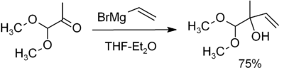 Reaction of CH3C(=O)CH(OCH3)2 with H2C=CHMgBr