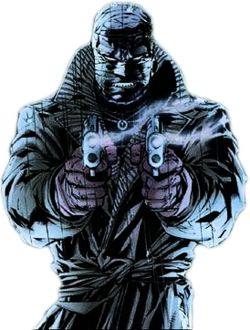 Hush holding his trademark twin M1911 .45 caliber pistols.