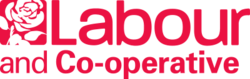 Red on white words "Labour and Co-operative" in sans-serif font to the right of white on red silhouette of a rose