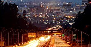 Nighttime view of I-90 in Spokane, from Sunset Hill