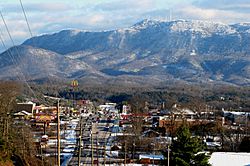 Seymour, with Chapman Highway on the left, and Bluff Mountain in the distance