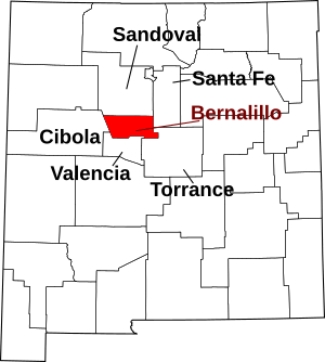 Map of New Mexico highlighting Bernalillo County