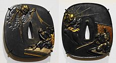 土蜘蛛退治図鐔 Tsuba with design of Minamoto no Yorimitsu confronting the Tsuchigumo