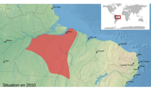 Map of northeastern Brazil, showing a highlighted range (in red) covering a roughly triangular area south of the lower reaches of the Amazon River