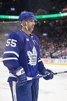 Giordano observes his teammates (off-camera) during a pre-game warm up