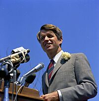 Robert F. Kennedy addresses the crowd at San Fernando Valley State College in 1968