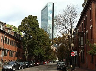 Old, tree-lined street with a modern building in the background