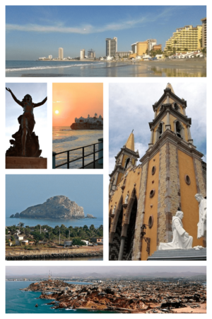 From upper left: Hotel Zone, Monument to Mazatleca women, Mazatlán pier, Cordones Island, Mazatlán Cathedral, Panoramic view of the city