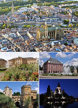 Clockwise from top: overview of city centre 1(with Cathedral of Saint Stephen), Imperial Quarter, Temple Neuf, Germans' Gate, Opéra-Théâtre (place de la Comédie)