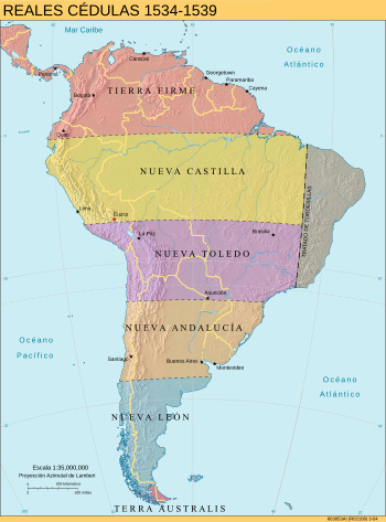 Spanish map of the administrative division of New Castile and New Toledo made in 1535