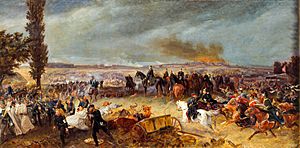 An oil painting of a battlefield, with several mounted cavalry in black; an indistinct city burning on the horizon.