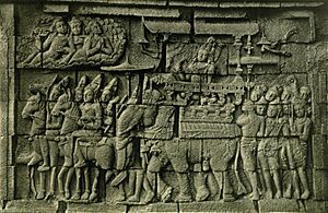 Royal elephant escorted by soldiers, Mataram (Medang) era Java, from the Borobudur temple