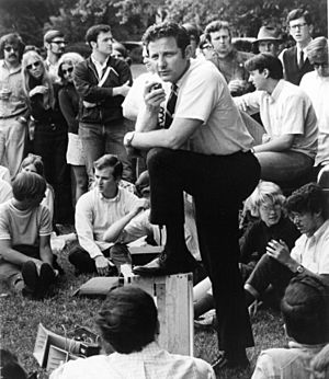 Senator Birch Bayh addresses a group of students