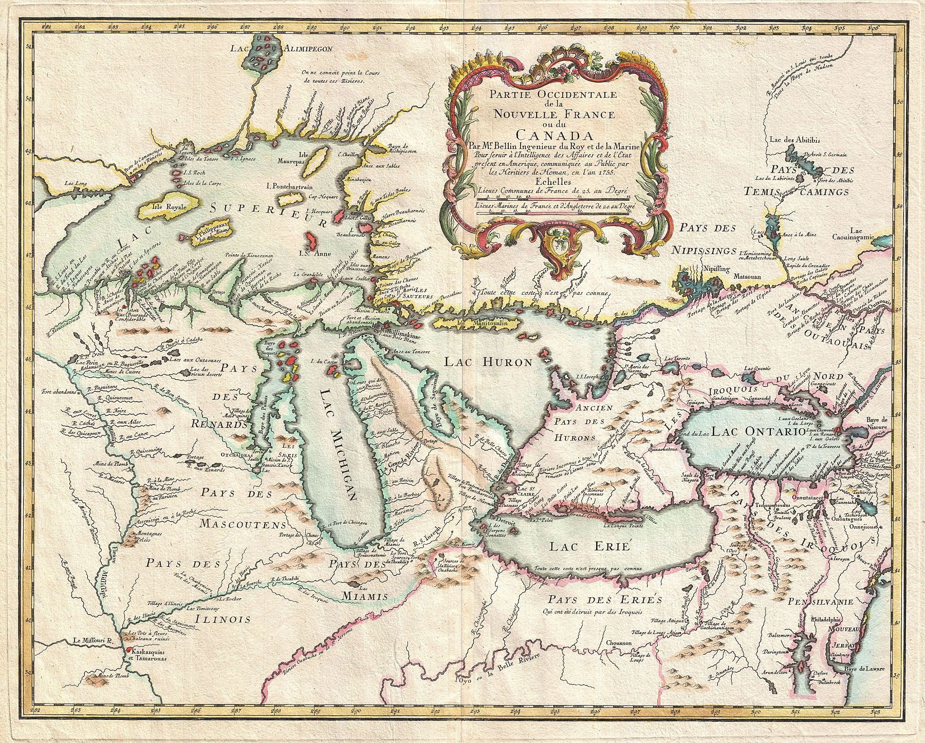 Northern Michigan as shown on a 1755 Map of New France showing various islands, land features, rivers, and settlements. (In French, "I. du Castor" means Beaver Island, "L'ours qui dort" means The Bear That Sleeps, and "ance au tonnerre" means Thunder Bay). The map also shows several rivers that exist today with similar names: Rue Aux Buscies, and Rue d'Oulamanittie, Rue du Pierre Marquet.